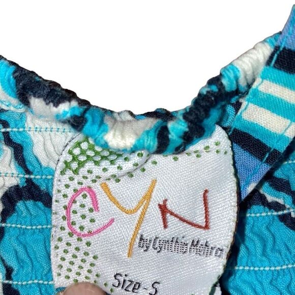 Y2K CYN by Cynthia Mehra Small Blue White Adjustable Strap Printed Mini Dress - Picture 4 of 7